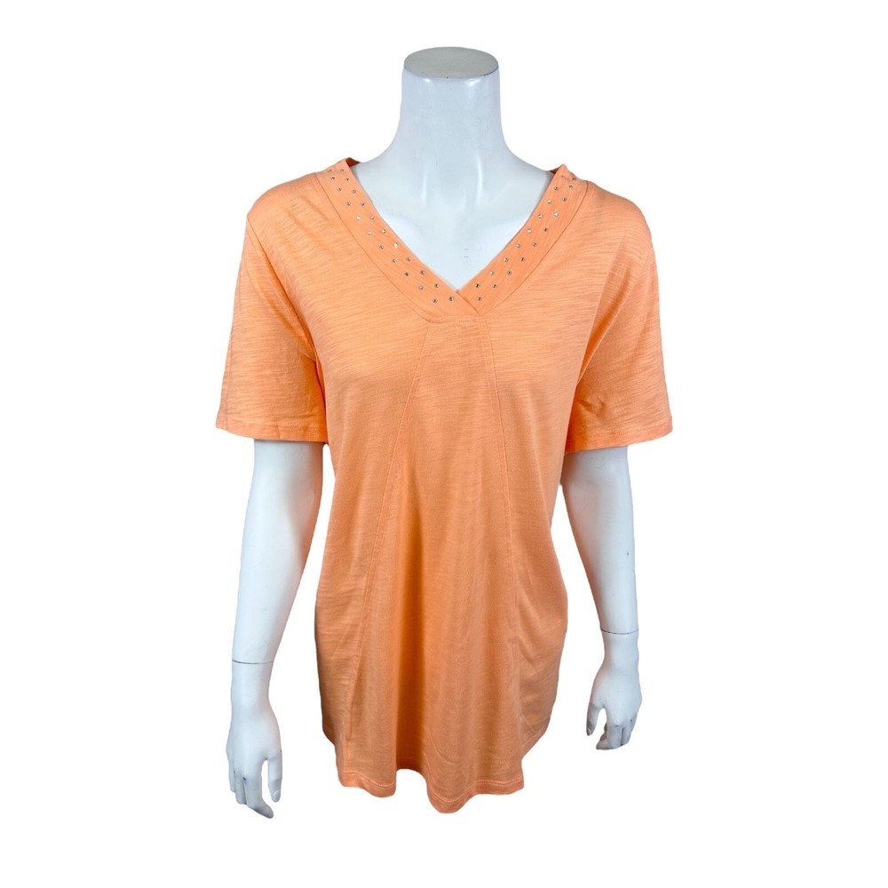 Quacker Factory Rhinestuds Embellished Short Sleeve Swing Top Medium Size